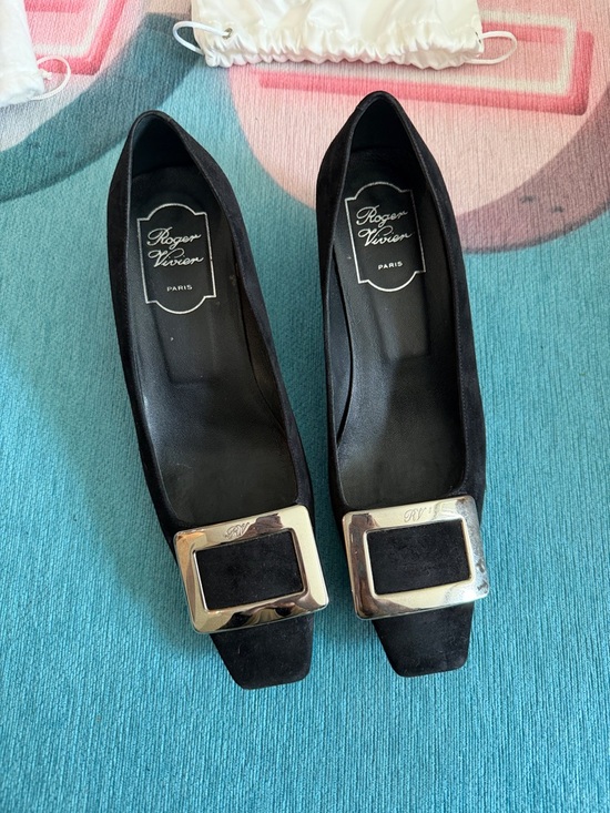 Roger Vivier Shoes - Roger Vivier Black Suede Square-Toe Flats with Silver Buckles